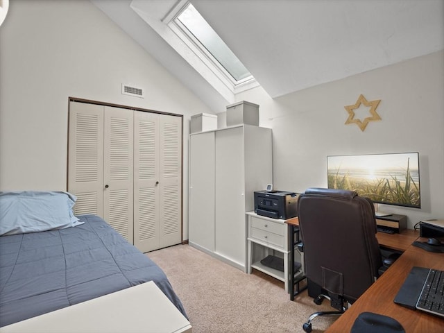 49 Meadow Pond Dr Unit I, Leominster, MA 01453 - bedroom featuring a skylight, lofted ceiling, carpet, and a desk