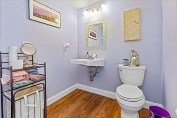 bathroom with baseboards, a sink, toilet, and wood finished floors