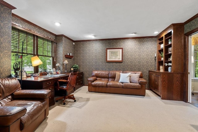 27 Bowker Dr, Sudbury, MA 01776 - office with crown molding, carpet floors, wallpapered walls, and recessed lighting