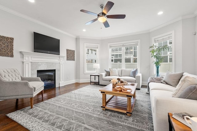 living room with ceiling fan, a fireplace, dark hardwood / wood-style flooring, and ornamental molding