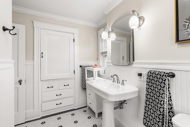 bathroom featuring ornamental molding and a wainscoted wall