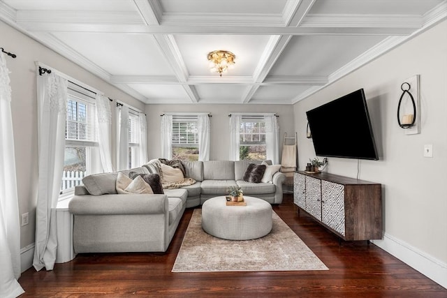 living area with coffered ceiling, wood finished floors, beamed ceiling, and baseboards