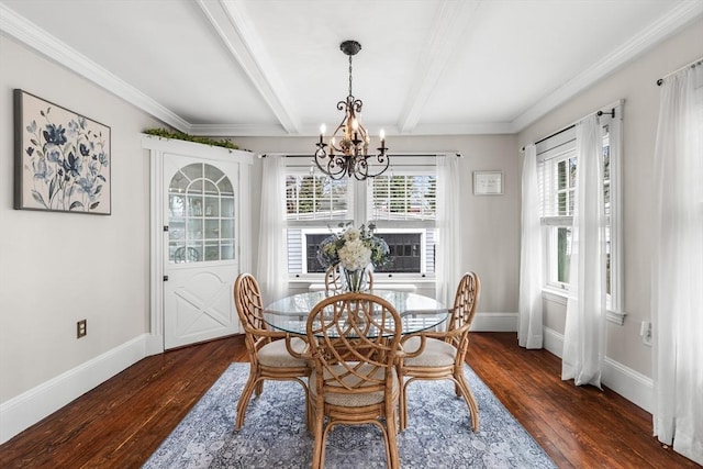 dining space featuring dark wood-type flooring, an inviting chandelier, beamed ceiling, and baseboards