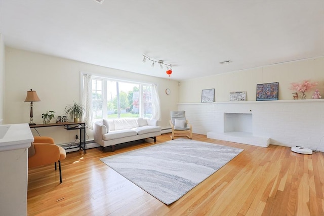 living area with wood finished floors, a baseboard radiator, and track lighting