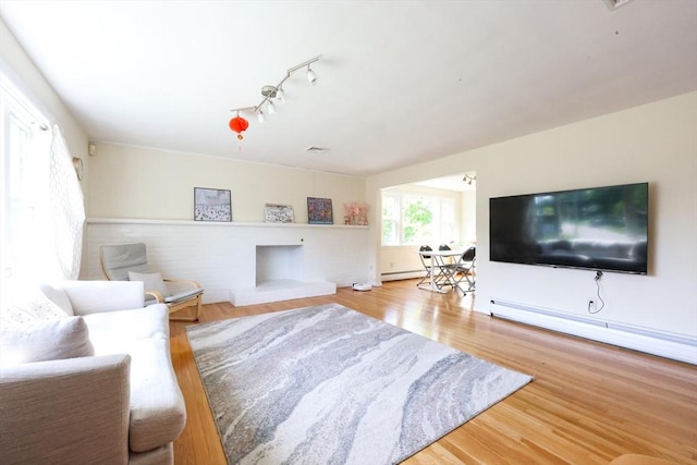 living room featuring wood finished floors, a baseboard radiator, and rail lighting
