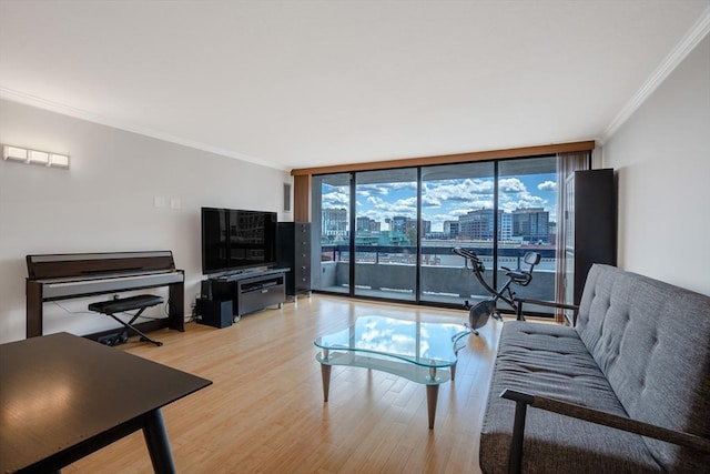 living room featuring expansive windows, ornamental molding, and light wood-type flooring