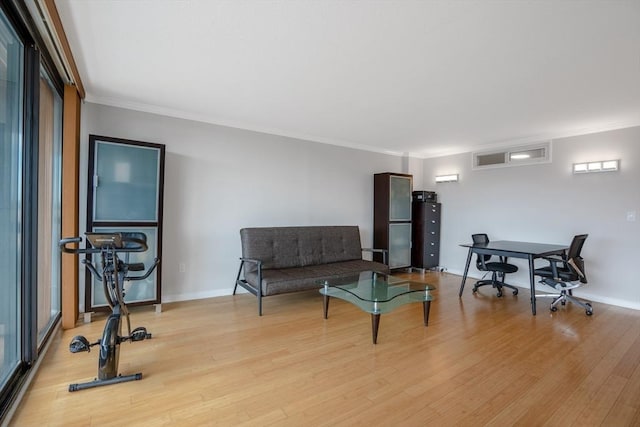 interior space featuring ornamental molding and light hardwood / wood-style floors