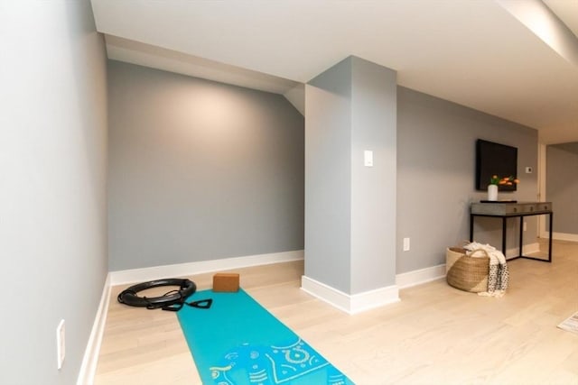 workout room featuring hardwood / wood-style floors