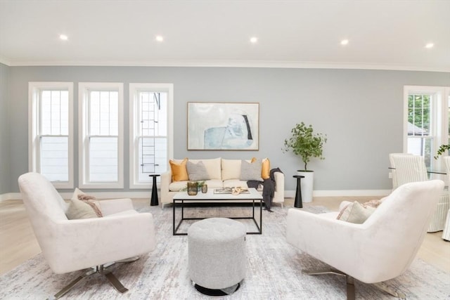 living room featuring crown molding and light hardwood / wood-style floors