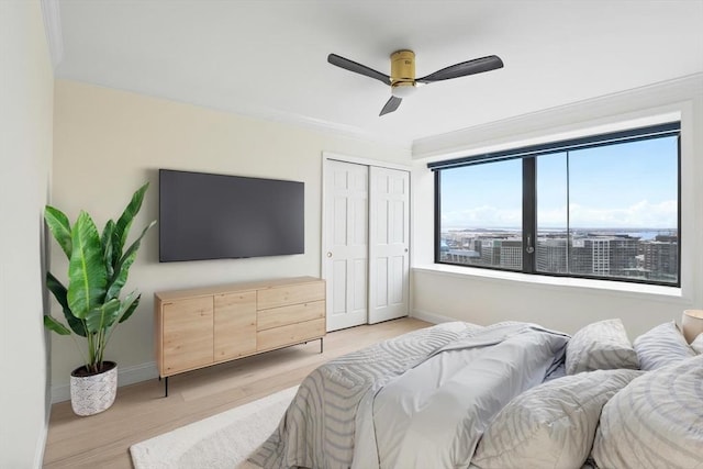 85 E India Row Unit 36D, Boston, MA 02110 - bedroom featuring light wood-type flooring, baseboards, a closet, and ceiling fan