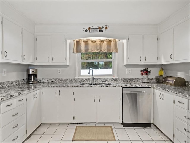 11 View St, Dracut, MA 01826 - kitchen featuring stainless steel dishwasher, a sink, white cabinetry, and light stone countertops