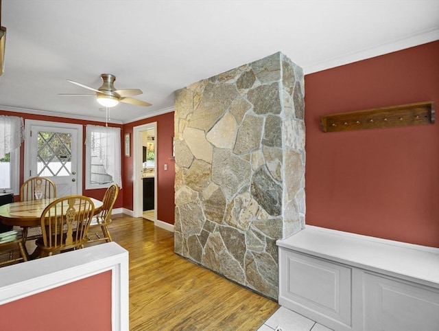 11 View St, Dracut, MA 01826 - dining space with wood finished floors, ceiling fan, ornamental molding, and baseboards