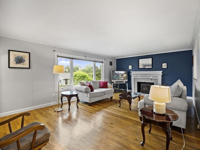 11 View St, Dracut, MA 01826 - living room with a glass covered fireplace, wood finished floors, baseboards, and ornamental molding