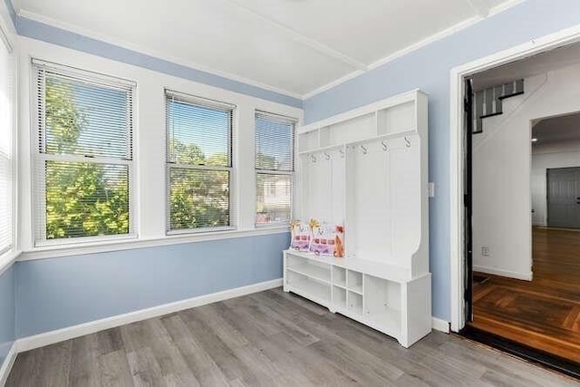 18 Anderson St, Lowell, MA 01852 - mudroom featuring crown molding, wood finished floors, and baseboards