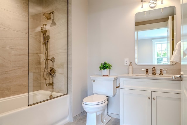 full bathroom with vanity, enclosed tub / shower combo, and toilet