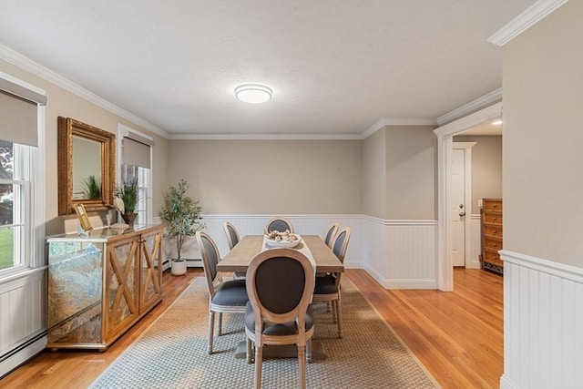 14 Cushman Lndg, Plympton, MA 02367 - dining room with baseboard heating, light wood-type flooring, wainscoting, and crown molding