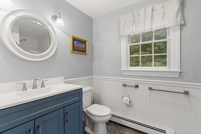 14 Cushman Lndg, Plympton, MA 02367 - bathroom featuring baseboard heating, a wainscoted wall, vanity, and tile patterned floors