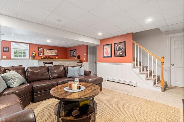 14 Cushman Lndg, Plympton, MA 02367 - living area with a baseboard radiator, a drop ceiling, wainscoting, carpet flooring, and stairway