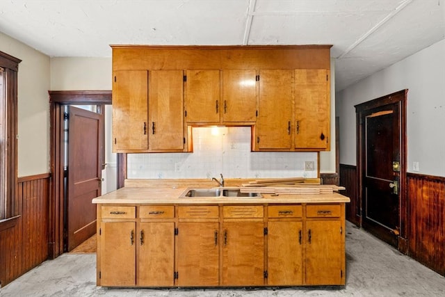 kitchen featuring a wainscoted wall, light countertops, and wooden walls