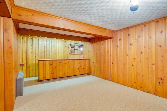 finished basement featuring wooden walls and carpet flooring