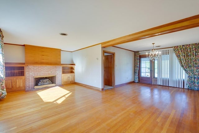 unfurnished living room featuring a fireplace, visible vents, baseboards, ornamental molding, and light wood-type flooring