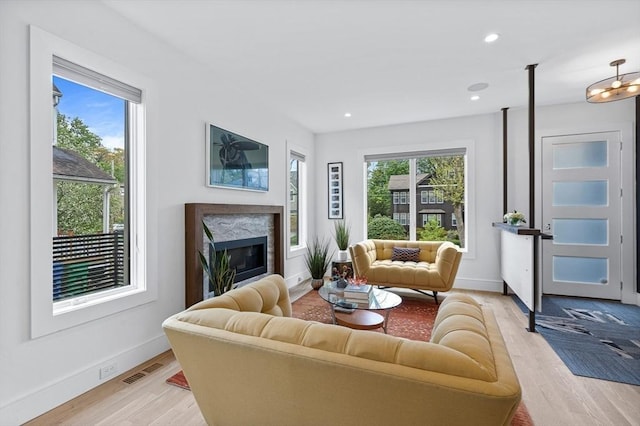 26 Salisbury Rd Unit 26, Newton, MA 02458 - living area with light wood-style floors, baseboards, a high end fireplace, and recessed lighting