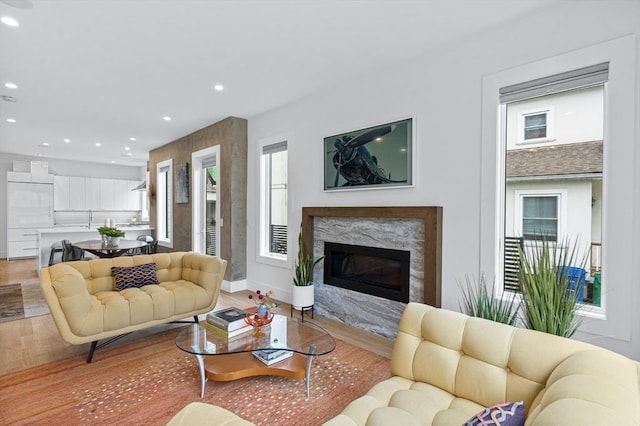 26 Salisbury Rd Unit 26, Newton, MA 02458 - living room featuring light wood-style flooring, recessed lighting, healthy amount of natural light, a high end fireplace, and baseboards