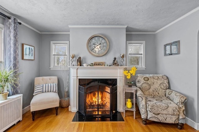 4 Ludington Rd, Worcester, MA 01602 - sitting room with radiator, wood finished floors, baseboards, a textured ceiling, and ornamental molding
