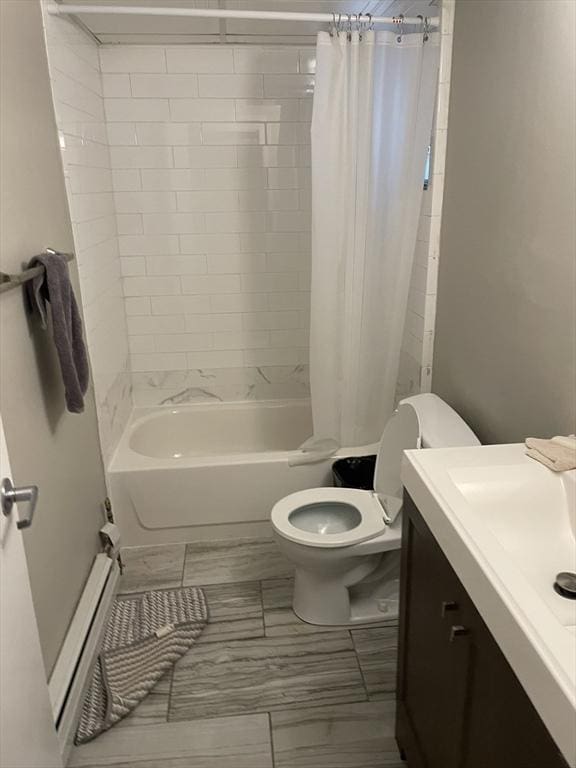 full bathroom with vanity, shower / bathtub combination with curtain, a baseboard radiator, and toilet
