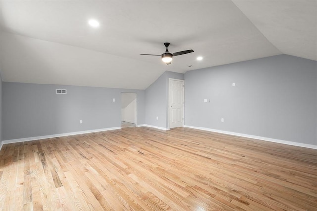 bonus room with ceiling fan, vaulted ceiling, and light hardwood / wood-style flooring