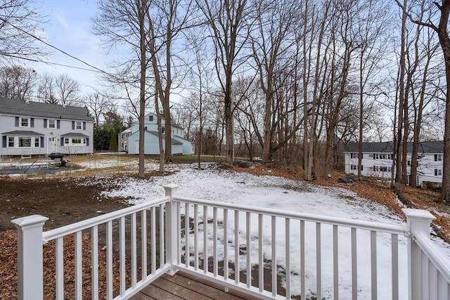 view of snow covered deck