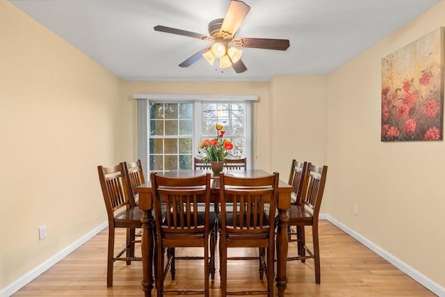 dining area featuring baseboards, a ceiling fan, and light wood-style floors