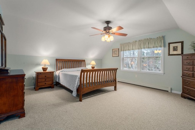 bedroom featuring carpet floors, vaulted ceiling, baseboards, and baseboard heating