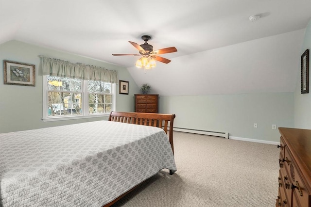 bedroom featuring baseboards, a ceiling fan, lofted ceiling, carpet flooring, and a baseboard heating unit