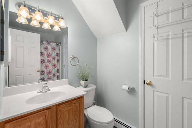 full bathroom with baseboard heating, a shower with curtain, vanity, and toilet