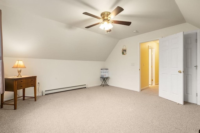 additional living space featuring a baseboard radiator, light colored carpet, vaulted ceiling, ceiling fan, and baseboards