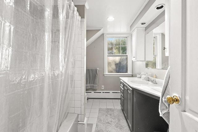 bathroom featuring a baseboard heating unit, tile patterned flooring, vanity, and shower / tub combo with curtain