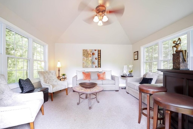 597 Fisher Rd, Dartmouth, MA 02747 - carpeted living area featuring vaulted ceiling, ceiling fan, and baseboards