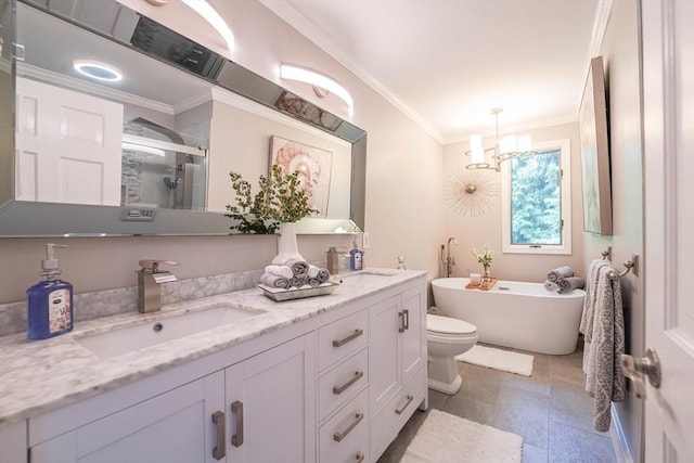 597 Fisher Rd, Dartmouth, MA 02747 - bathroom featuring double vanity, crown molding, a shower stall, a freestanding tub, and toilet