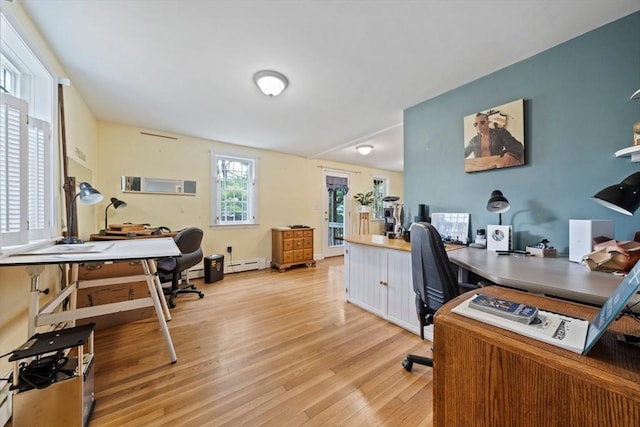 office featuring light wood-type flooring and a baseboard heating unit