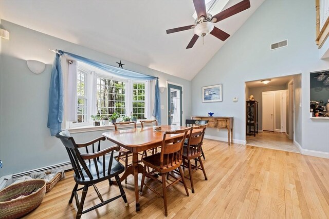 dining space featuring visible vents, ceiling fan, light wood-type flooring, and high vaulted ceiling