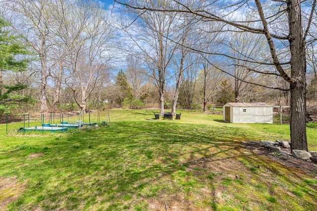 view of yard featuring an outbuilding, a pool, and a storage unit