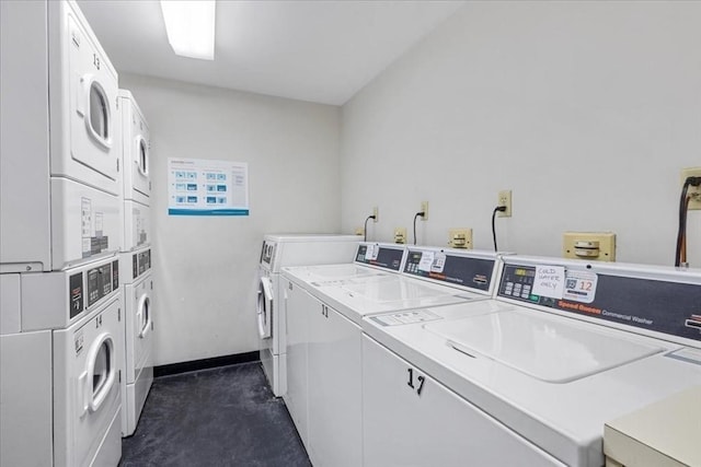 14 Heron St Unit 209, Boston, MA 02132 - community laundry featuring washing machine and clothes dryer, estacked washer and dryer, and dark colored carpet