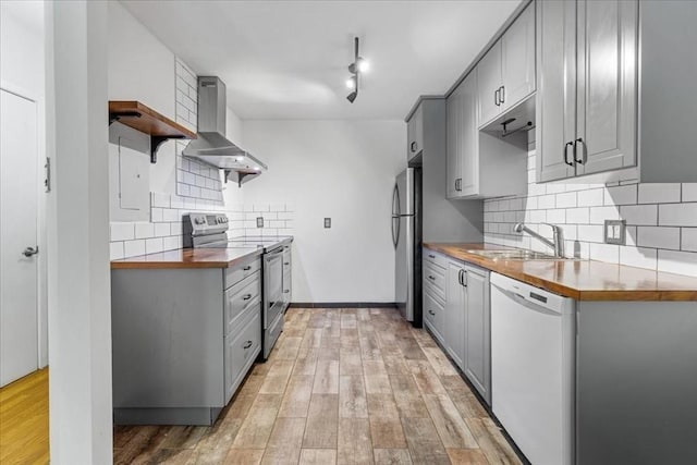 14 Heron St Unit 209, Boston, MA 02132 - kitchen with stainless steel appliances, wall chimney range hood, gray cabinetry, and tasteful backsplash