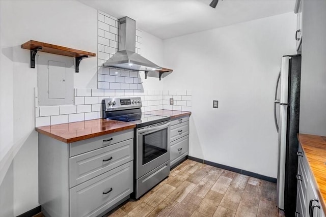 14 Heron St Unit 209, Boston, MA 02132 - kitchen featuring open shelves, wood counters, wall chimney range hood, stainless steel appliances, and electric panel