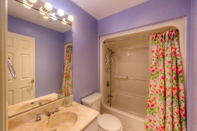 full bathroom with vanity, toilet, and shower / bathtub combination with curtain