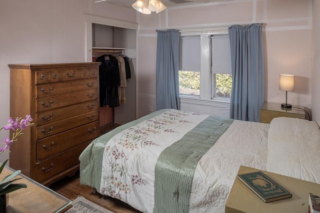 bedroom with a closet, wood finished floors, and a spacious closet