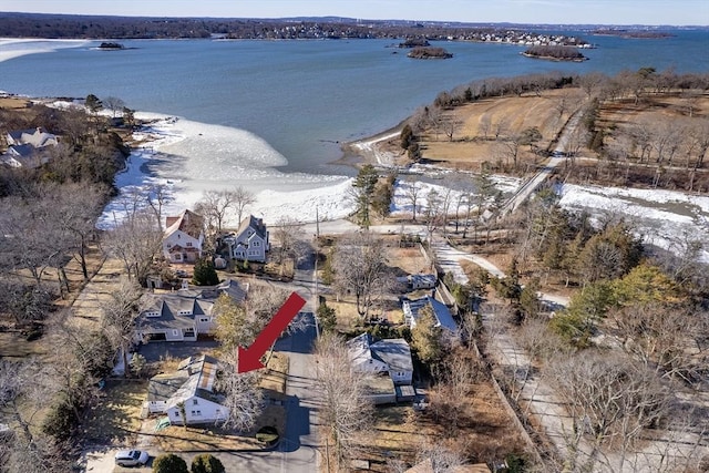 drone / aerial view featuring a water view