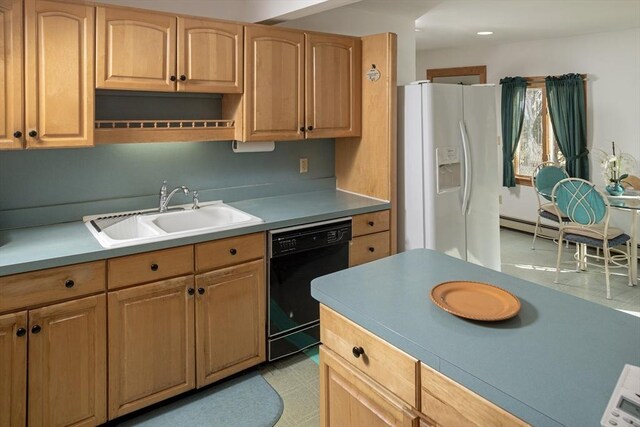 kitchen with light brown cabinetry, a sink, black dishwasher, white refrigerator with ice dispenser, and light countertops