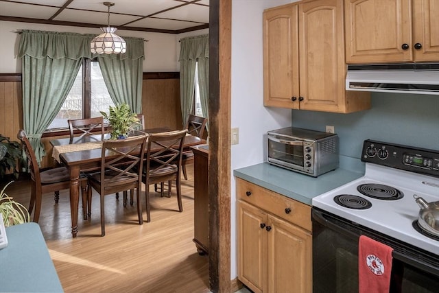 kitchen featuring range with electric cooktop, under cabinet range hood, a toaster, pendant lighting, and light wood-style floors